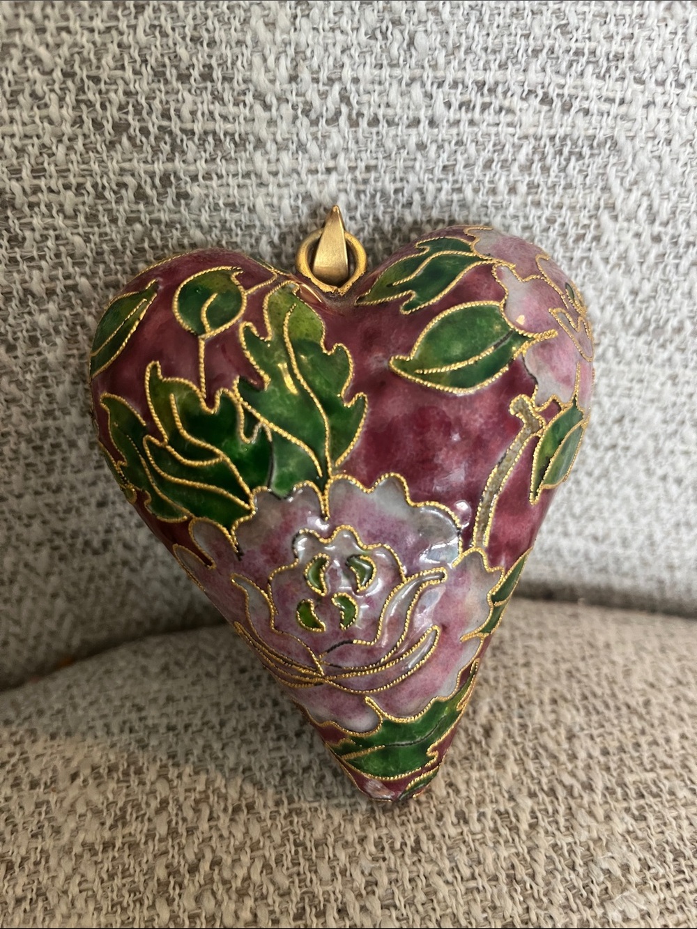 Cloisonné puff heart ornament charm pink purple green gold trimmed